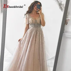 Elegant Pink V Neck Crystal Evening Dress for Women 2024 Beads Aline V Back Tulle Long Formal Prom Wedding Party Gown Customized