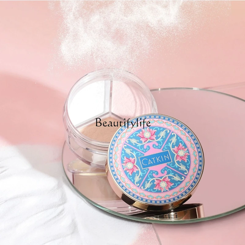 Face Powder Three-Color Powder Oil Control Finishing Powder Waterproof and Sweat-Proof Smear-Proof Makeup