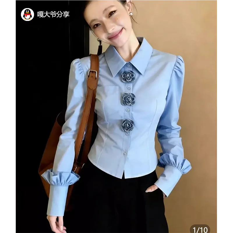Stunning Blue Shirt with 3D Floral Design Unique Beautiful Korean Style Short Spring Fashion High-End Sensation Absolutely Lovel