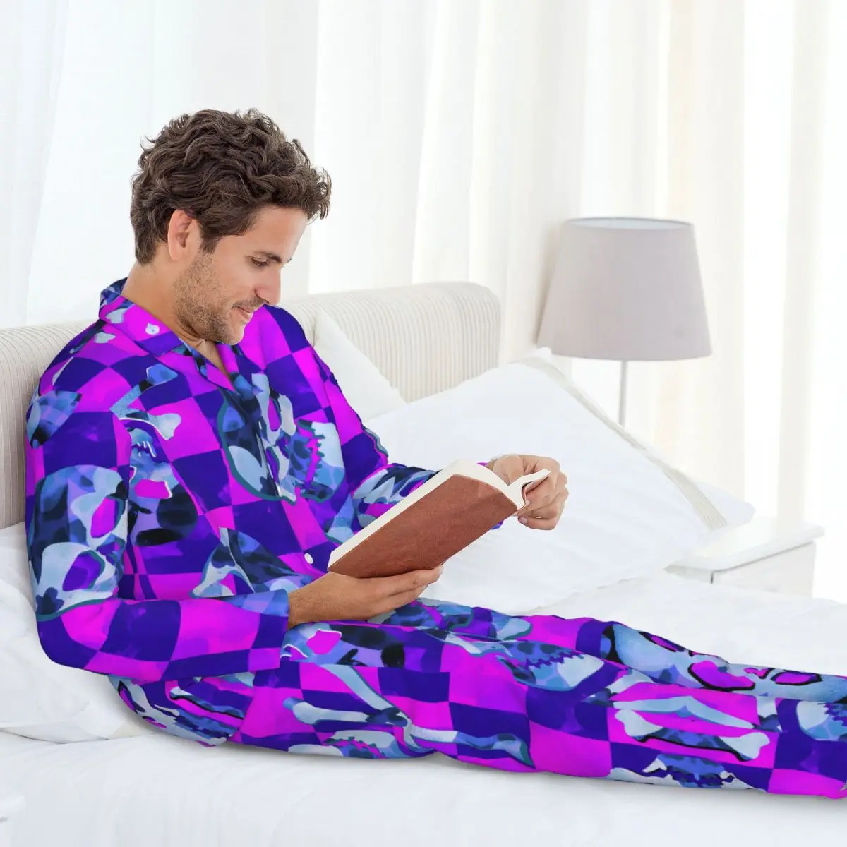 Men Pajamas Set of Autumn Winter Long-Sleeved Abstract Watercolor Textured Skulls And Bones Home Clothing Sleepwear 2PCS/Set