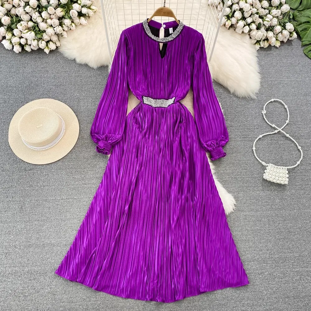 

2024 New Fashion Spring Designer AUtumn Women O Neck Beading Sashes Solid Color Long Pleated Party Casual holiday Dresses