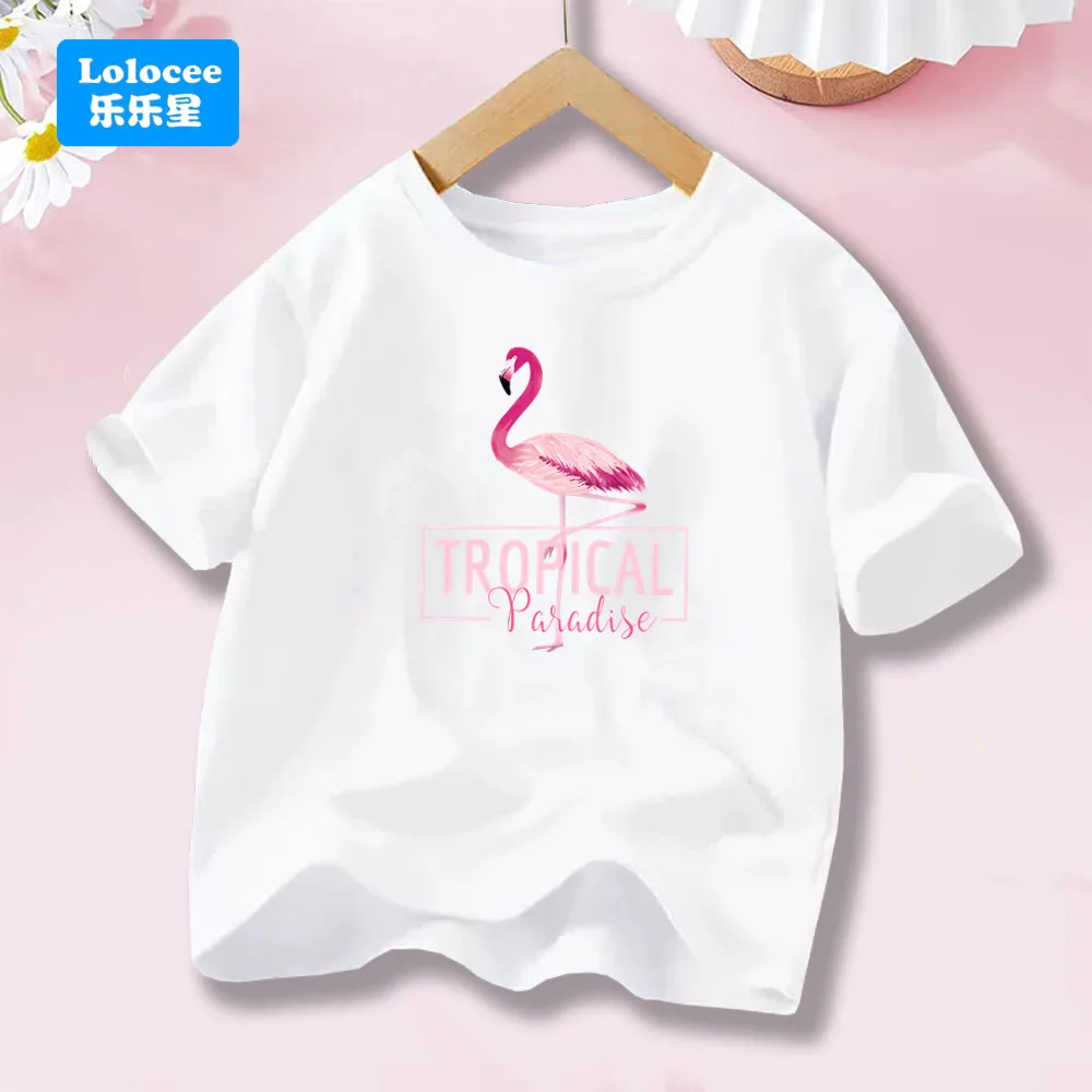 Elegant Tropical Paradise Flamingo Printed Tshirt Girls Funny Summer Fashion T Shirt Kids Cartoon Short Sleeve T-Shirt HLN1
