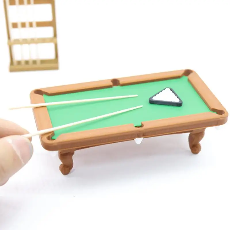 Miniature Pool Table 112 Scale Furniture Kit 1 Set Dollhouse Billiard Model with Cue Rack for DIY Mini Game Room Decor