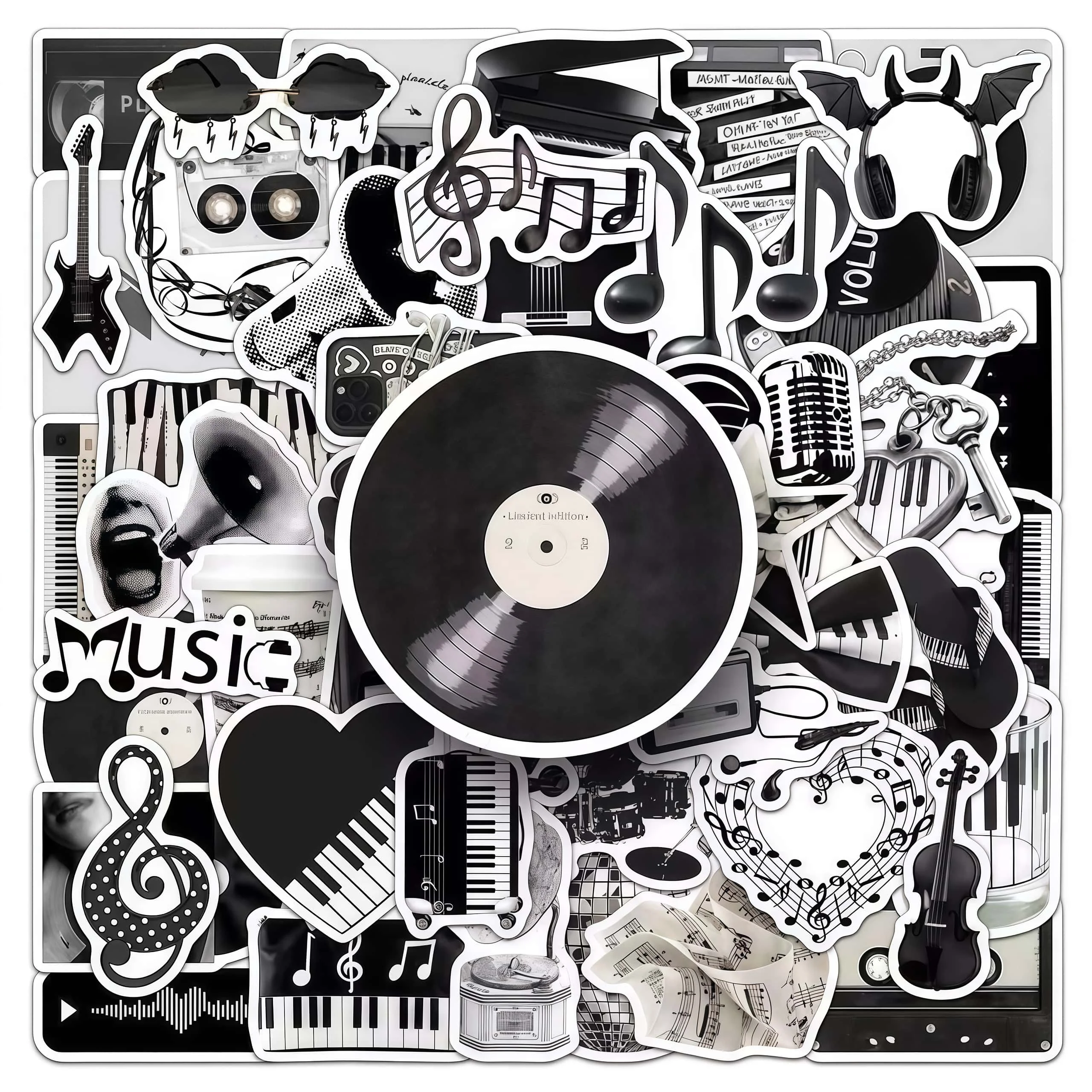 50 autocollants noirs et blancs pour instruments de musique, autocollants vintage en vinyle pour guitare, piano, notes de musique, pour ordinateur portable, skateboard, bouteille d'eau, bricolage