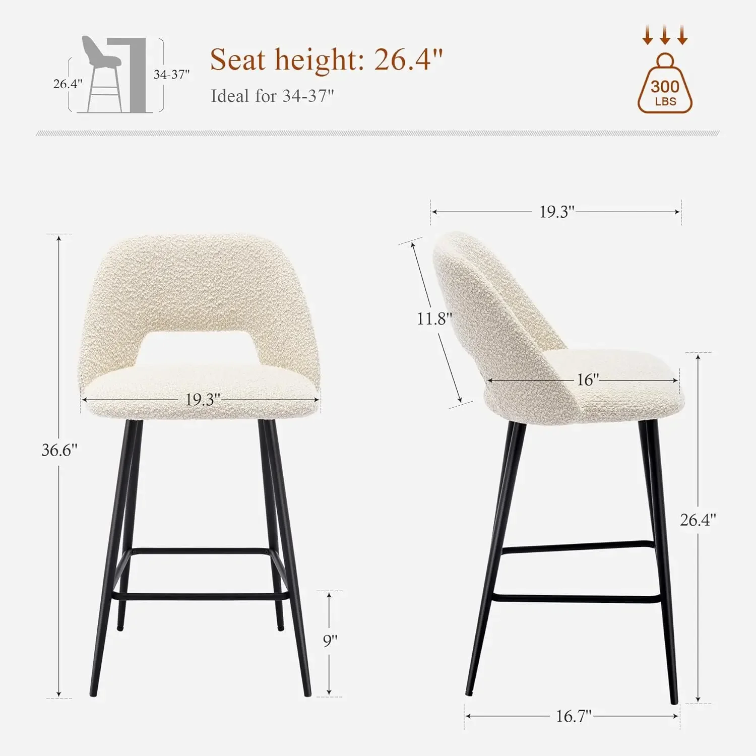 27’’ Boucle Bar Stools Set of 2, Upholstered Counter Height Stools with Open Back, Modern Barstools for Kitchen Island