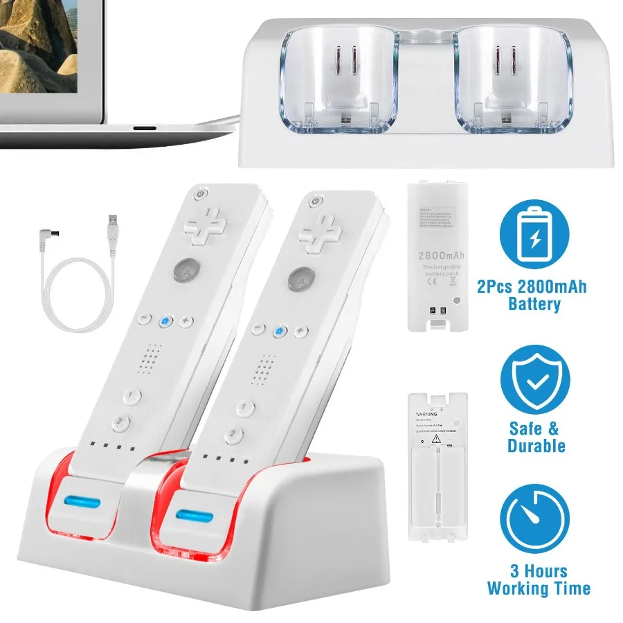 

For Wii Remote Controller Charger Dual Charge Dock with Two 2800mAh Rechargeable Batteries