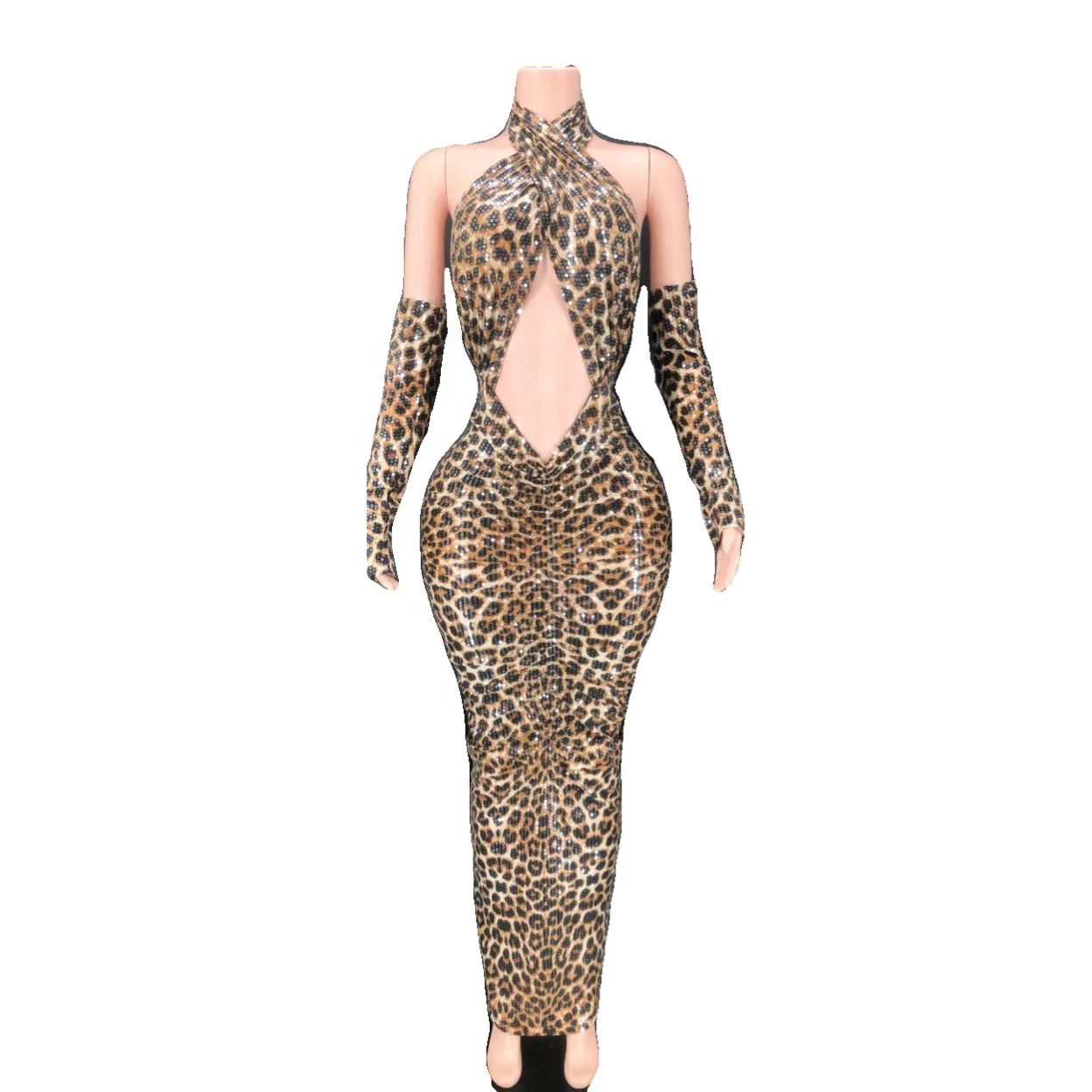 New Rhinestone Shows Club Party Costumes Sexy Sequins Cross Hanging Gloves Neck Leopard Backless Dress