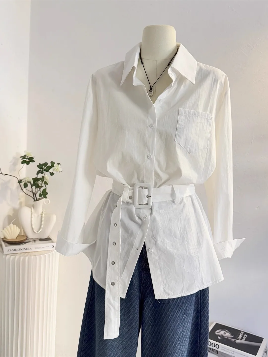 

Женская повседневная белая рубашка с длинным рукавом и поясом, модный кардиган миди-длины с отложным воротником для весны и осени