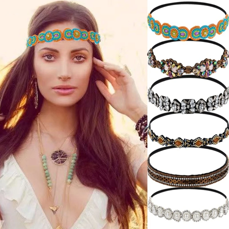 Girls Bohemian Hairband with Beads&Rhinestone Woman Headband for Wedding Party