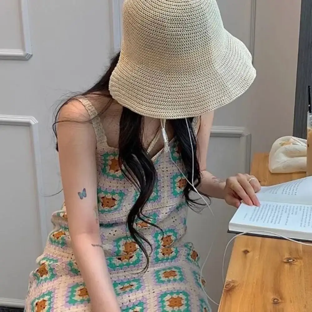 Sun Protection Wide Brim Straw Sun Hat Breathable Cute Strap Bucket Cap Foldable Sun Hat For Women Female