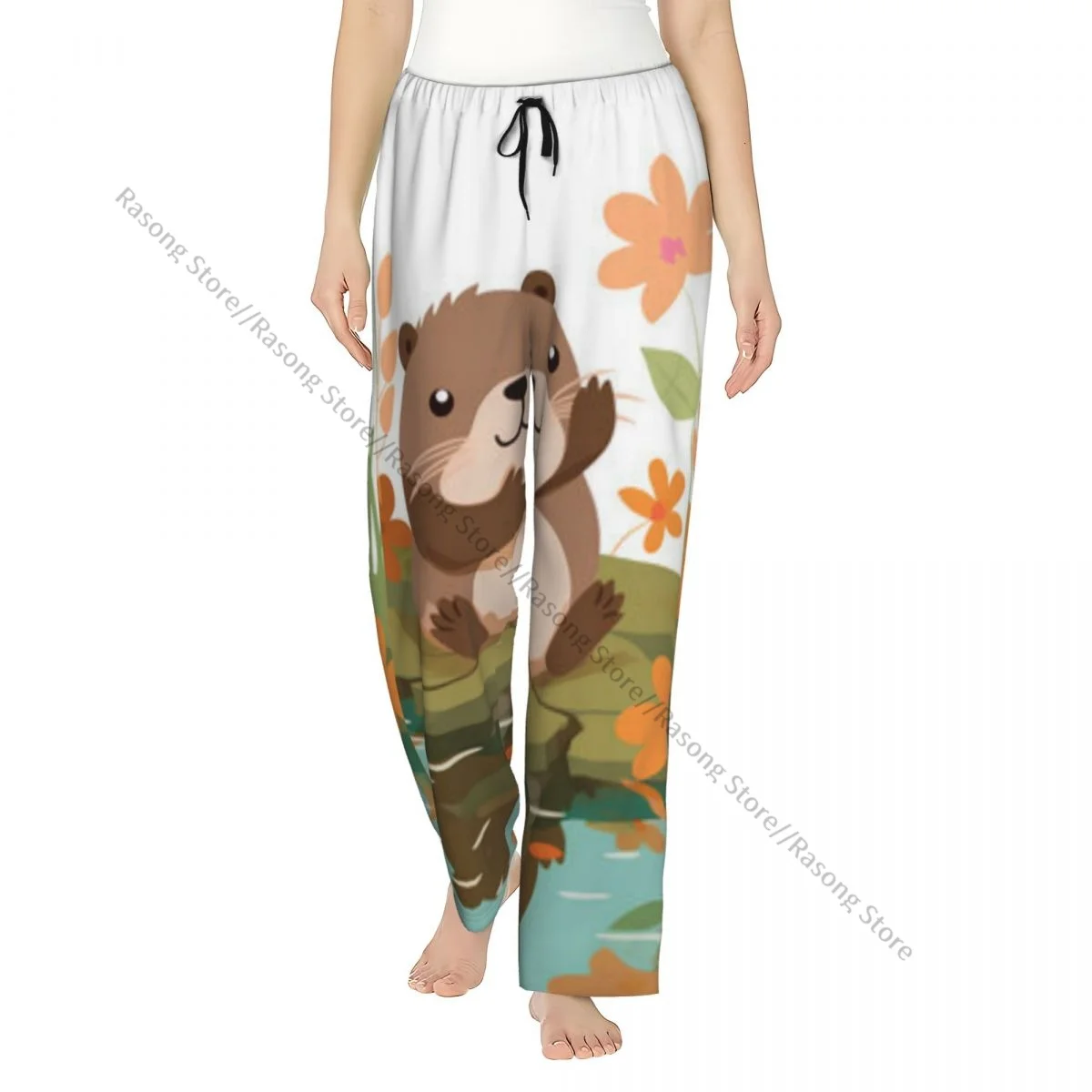

Cute Otter On The Rock In The Pond Flannel Pajama Pants for Women Soft Warm Sleep Pants with Elastic Waistband