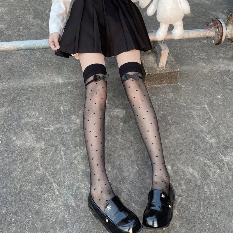 Cute japanese stylejkWomen's SocksinsTrendy All-Match Good-looking Dot Bow Stockings Summer Thin Knee Socks