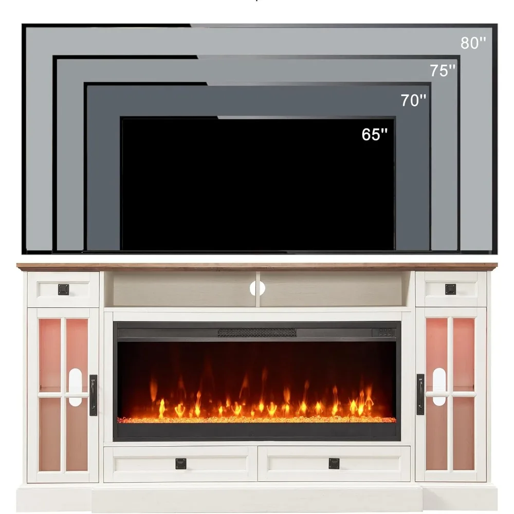 Suporte de TV com lareira para TV de 80 polegadas, centro de entretenimento de fazenda com lareira de 42" e luzes LED, mesa de console de mídia moderna