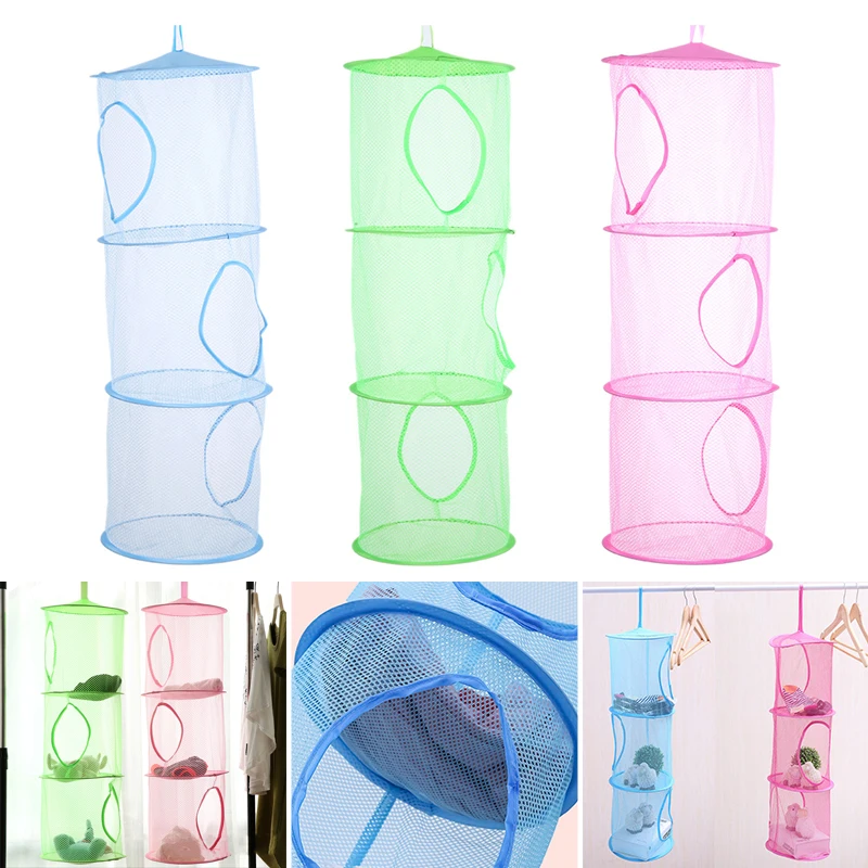 3 Shelf Hanging Laundry Basket Nylon Mesh Storage Basket for Toy Washing Basket Dirty Clothes Sundries Basket Organizer Bag