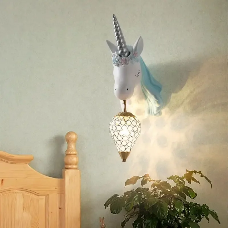 Nordic Led Wall Lamps Design Resin Unicorn Crystal Drop Sconces Interior Bedroom Children's Drawing Room Home Decoration Lights