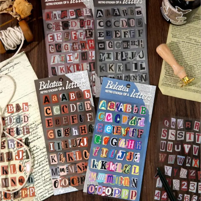 Scrapbook Stickers 2 Sheets Vintage Aesthetic Journaling Supplies Kit English Alphabet Number Symbol Retro