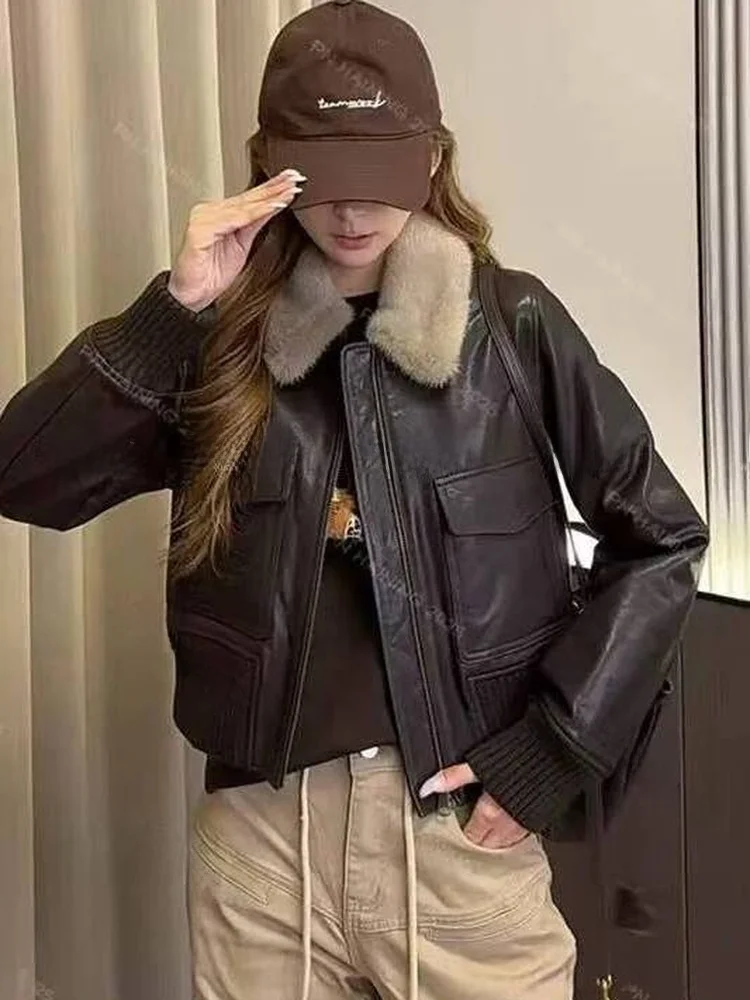 

eepskin Leather Jaet Women's ort Zipper Coat Lamb Fur Collar Cotton Lined Autumn Winter New Sle Versatile Woolen