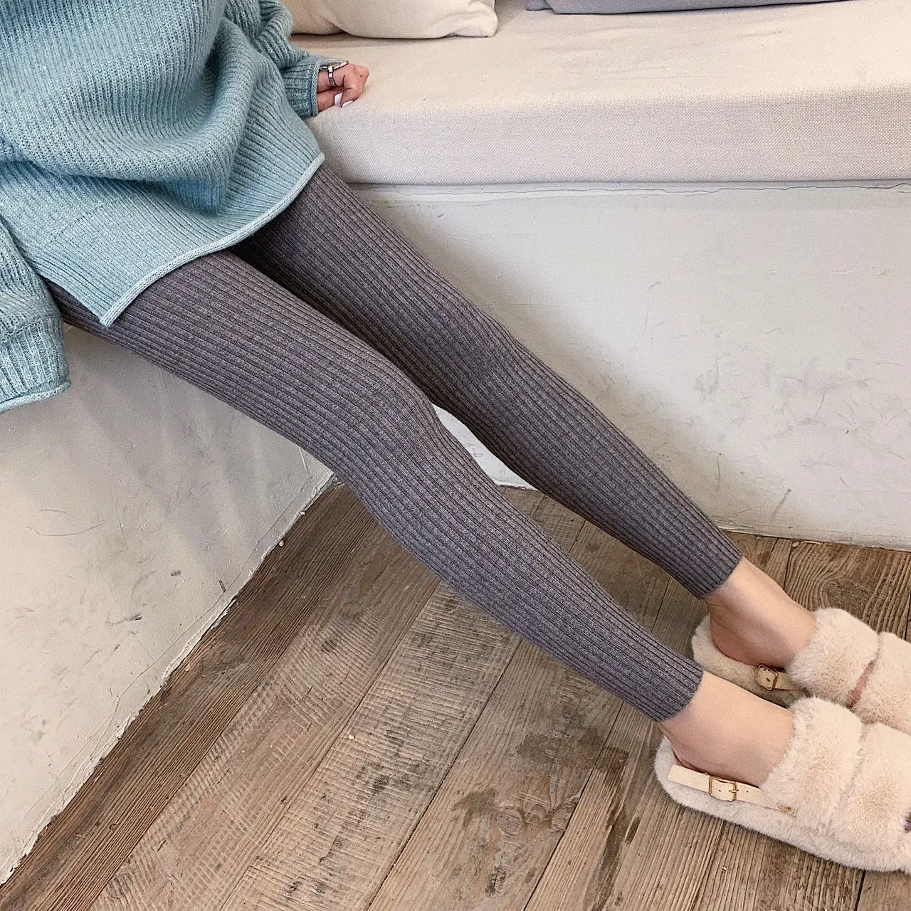 Thin/thickened 2023 New Knitted Underpants Women\'s Spring And Autumn Winter Vertical Stripe Slim Fit Pants