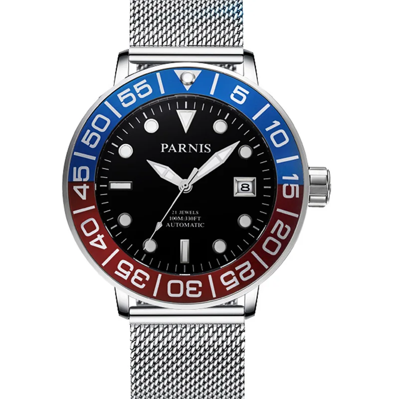 

PARNIS Luxury Sapphire Glass 42mm Black Dial Automatic MIYOTA Movement Men Watch Date Function Stainless Steel Band