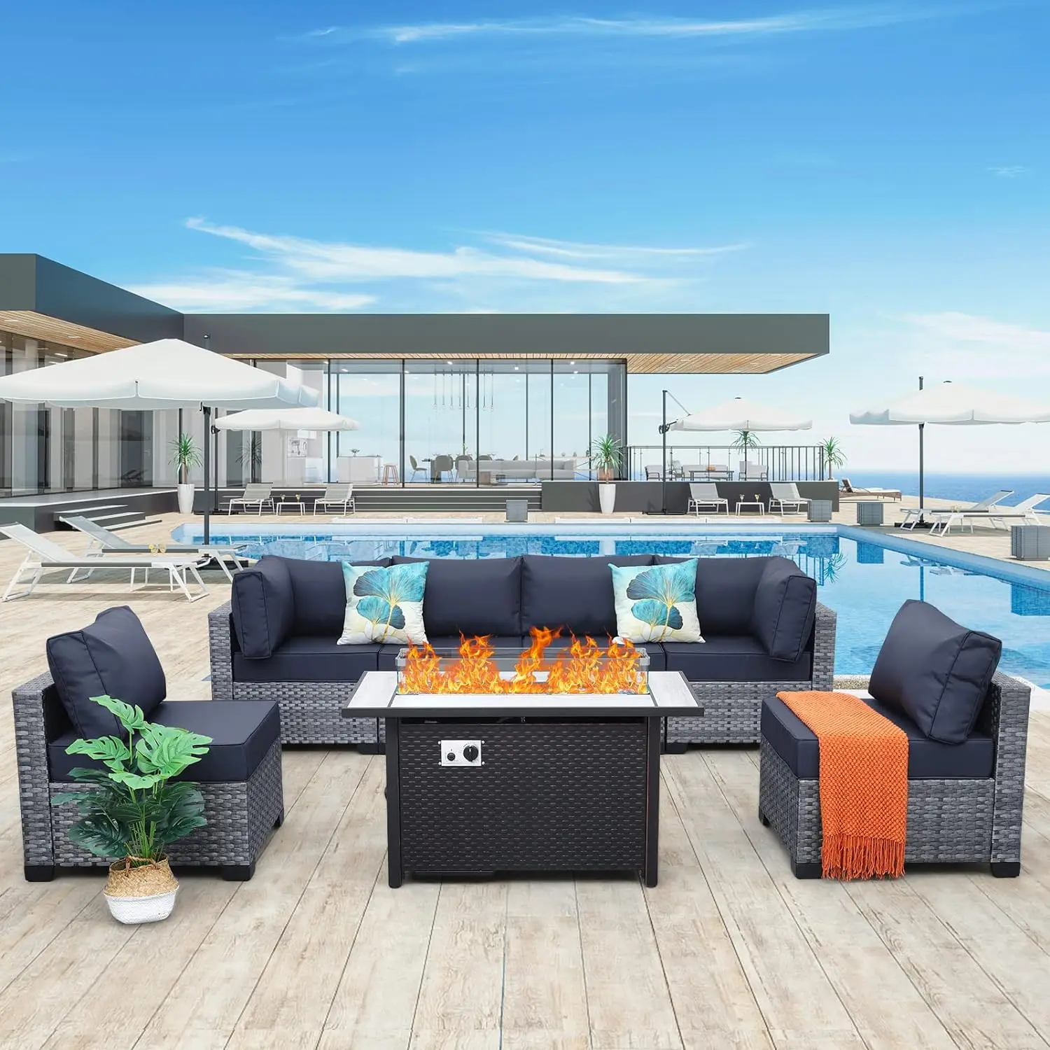 

7pcs PE Rattan Outdoor Sectional Sofa Set with Fire Pit Table/liftable storage table, Non-Slip Cushions and Furniture Cover