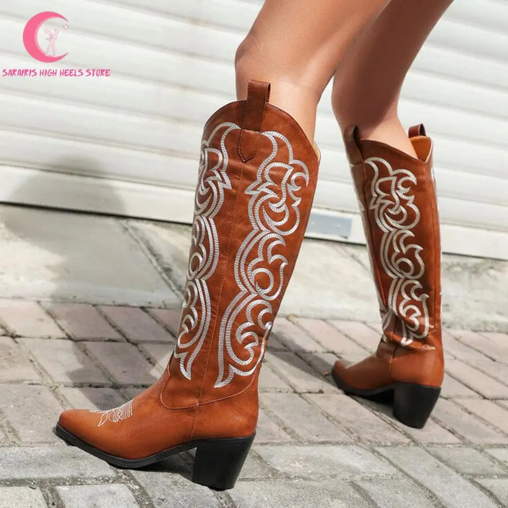 Vintage Embroidery Chunky High Heeled Western Boots Women Brand New Knee High Cowboy Women Shoes Stylish Red Comfy Ridding Shoes