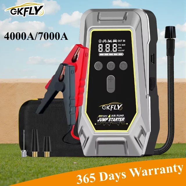 GKFLY 4 w 1 Rozrusznik Samochodowy 4000A 7000A, Kompresor Powietrza 150PSI, Power Bank 59.2Wh, Urządzenie Rozruchowe 12V, Cyfrowy Inflator do Opon