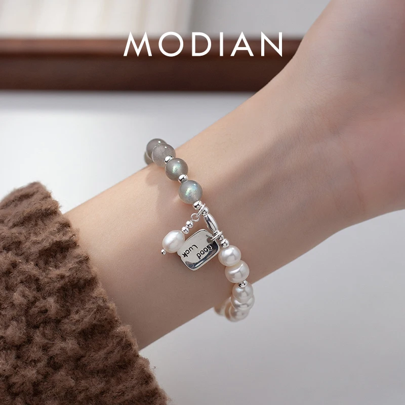 

MODIAN 925 Sterling Silver Moonstone And Pearl Lucky Pendant Bracelets Platinum Plated Link Chain Bracelet For Women Jewelry