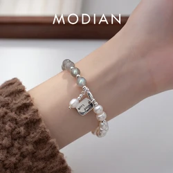MODIAN 925 Sterling Silver Moonstone And Pearl Lucky Pendant Bracelets Platinum Plated Link Chain Bracelet For Women Jewelry
