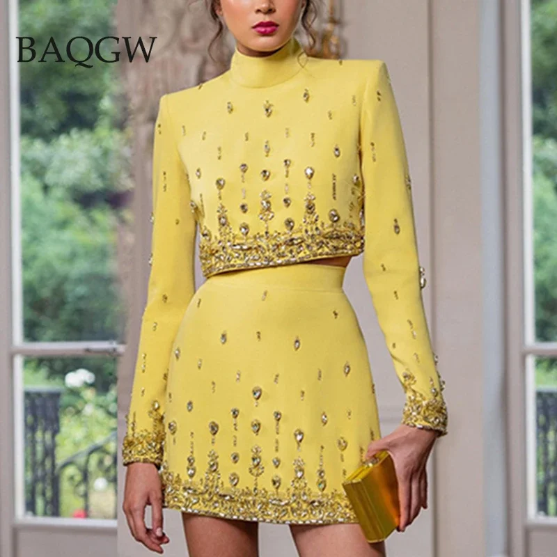 Autumn Women\'s Fashion Sexy Diamond Beaded Zipper Short Top + Skirt Yellow Two Piece Suit Set High Quality Luxury Matching Sets