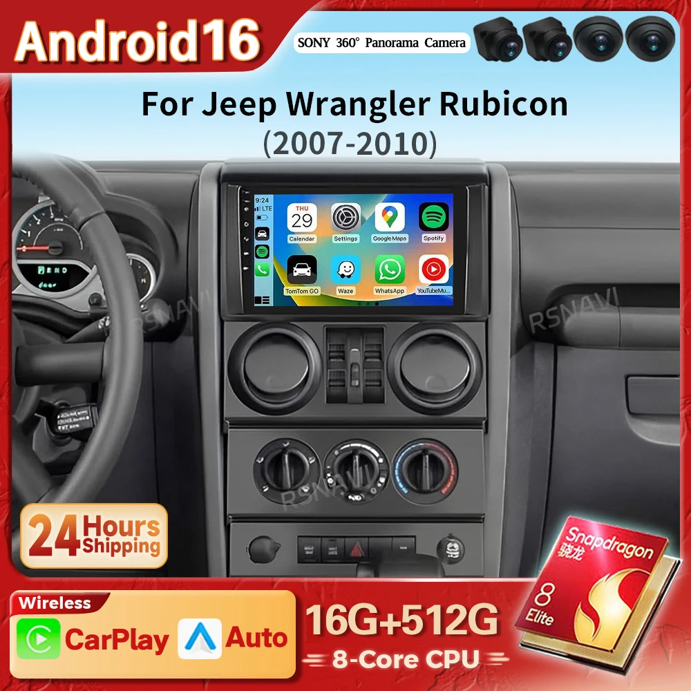 Android 16 Carplay Auto 2K Screen Car Radio Multimedia Player For Jeep Wrangler Rubicon 2007 - 2010 2din Autoradio BT Snapdragon