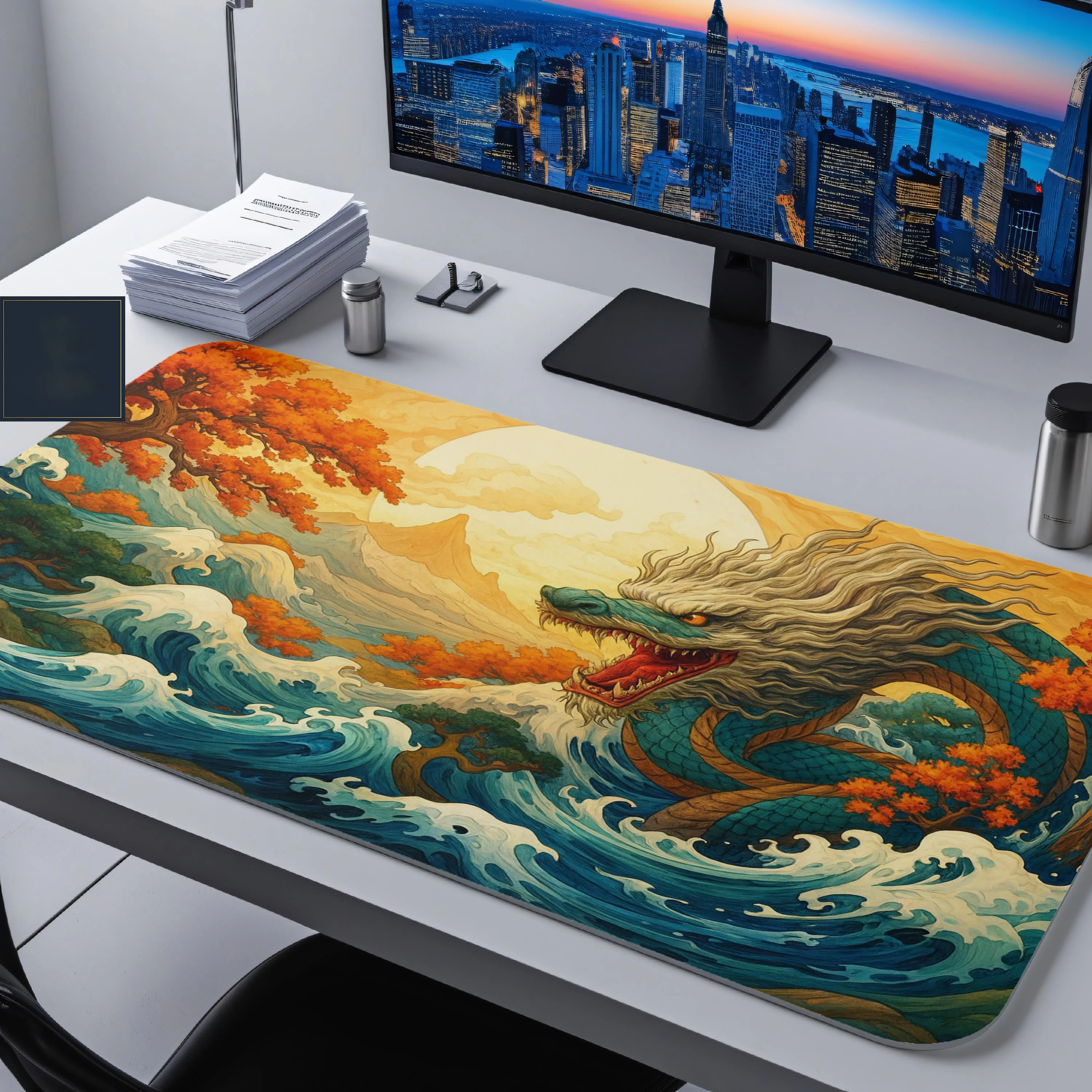 Tapis de bureau Oriental Dragon Ocean, tapis de souris XXL antidérapant et imperméable, un joli protecteur de bureau, le cadeau parfait pour les amis.