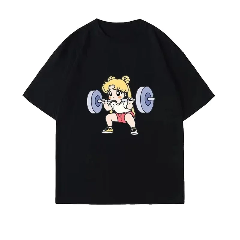 Sailor Moon Lifting Iron Fitness Women's T-Shirt Summer Cute Short Sleeves Fashion Harajuku Kawaii T-shirt Women's Y2K Clothing