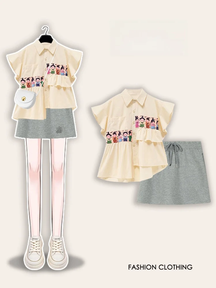 

plus Size Faion Set Small Figure Printed Fly Sve Top Ele Embroidery ort Skirt Slimming Effect Cool Casual Outfit