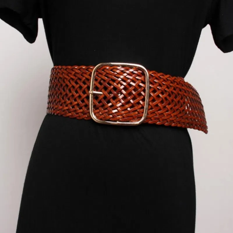 

Women's runway fashion knitted genuine leather Cummerbunds female Dress Corsets Waistband Belts decoration wide belt