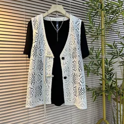 Knitted Cardigan Vest Women New 2024 Summer Korean All-match Thin Hollow Sleeveless Casual Waistcoat Short Vest Coat Female Tops