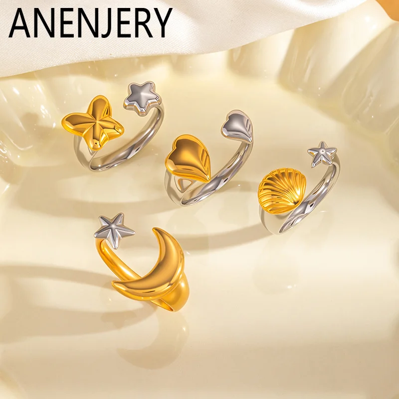ANENJERY Кольцо из нержавеющей стали 316L с луной, сердцем, звездой, ракушками и бабочкой, открытое, для женщин и мужчин, простое, роскошное, элегантное украшение, подарок.