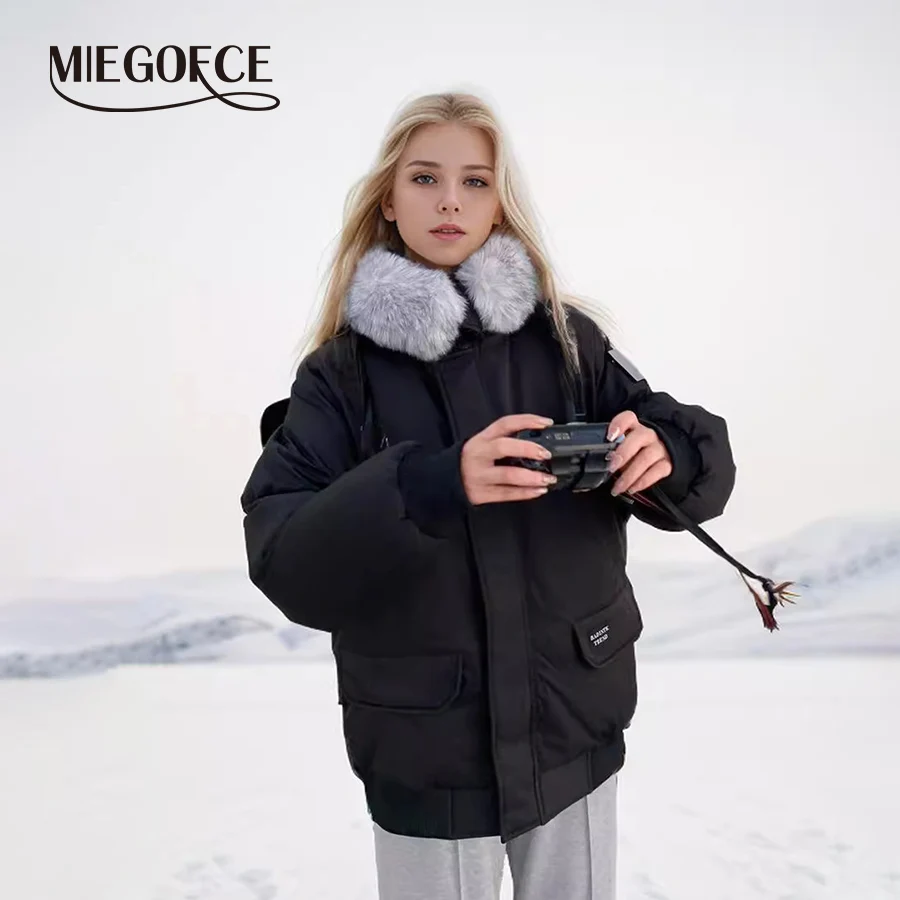 MIEGOFCE Women's 2024 New Loose Pocket Zipper Coat Hooded Raglan Sleeve Jacket Fake Fur Collar Detachable Thick Parka MZ-24582