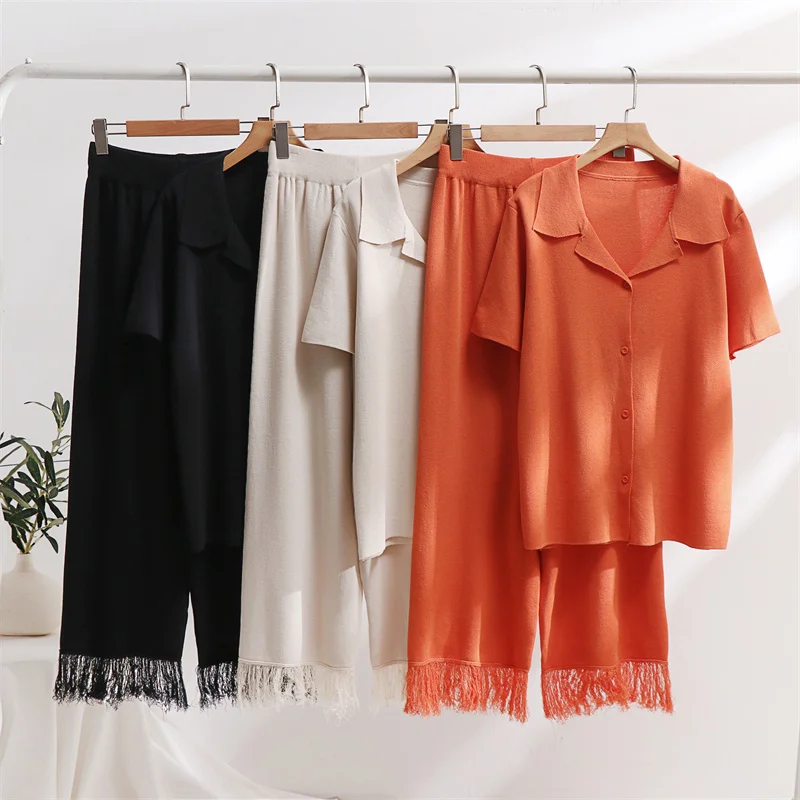 Elegant 2 Piece Blazer Pants Set Women Summer Pajama Loungewear Women Set Casual Tassel Knitted Two Piece Set For Women 2024