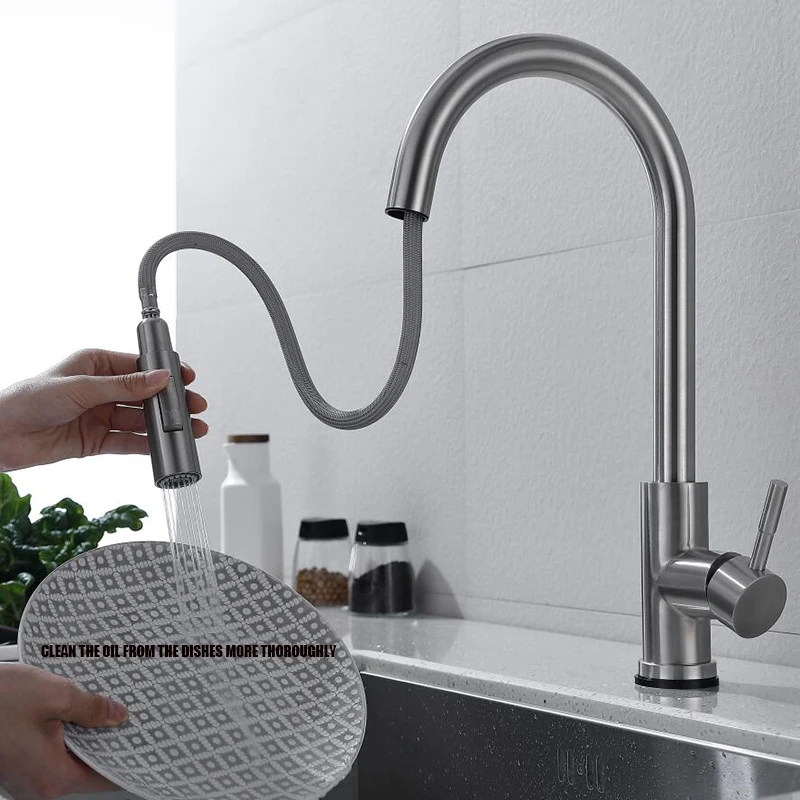 304 Stainless Steel Touch Pull Kitchen Faucet 360° Rotation Two Function Water Outlet Mode Anti-Splash