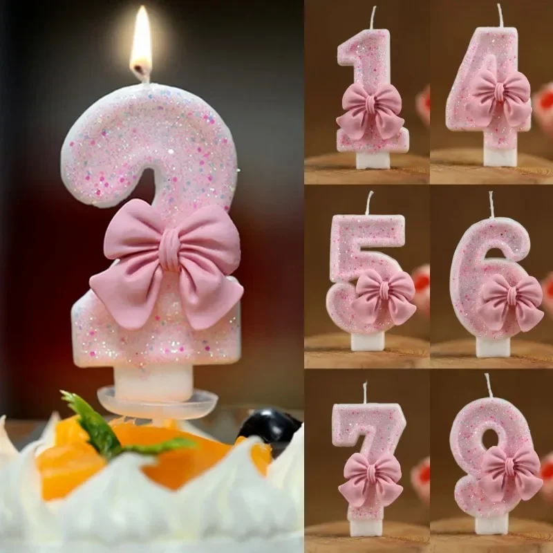 1PCS Cute Sequin Pink Big Number Bowknot Candle 3D Design Cake Topper Decoration Girls Birthday Cake Candles Dessert Ornament