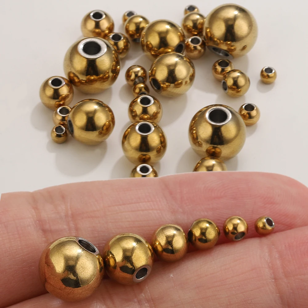 2-8mm Stainless Steel Beads for Jewelry Making Loose Spacer Beads Ball Hole 1-1.5mm for Bracelets Jewelry Components DIY Golden