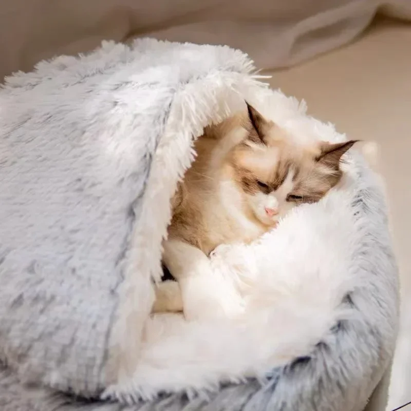 Soft Plush Pet Bed with Cover Round Cat Bed Pet Mattress Warm Cat Dog 2 in 1 Sleeping Nest Cave for Small Dogs