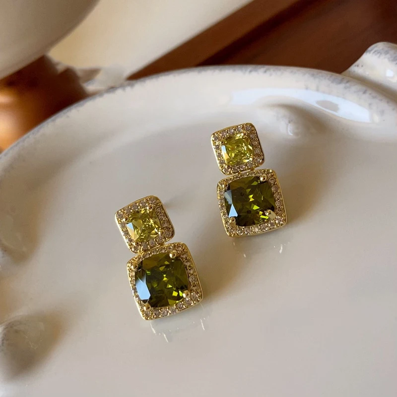 vintage delicate square olive green zircon stud earrings summer fresh girl geometry jewelry