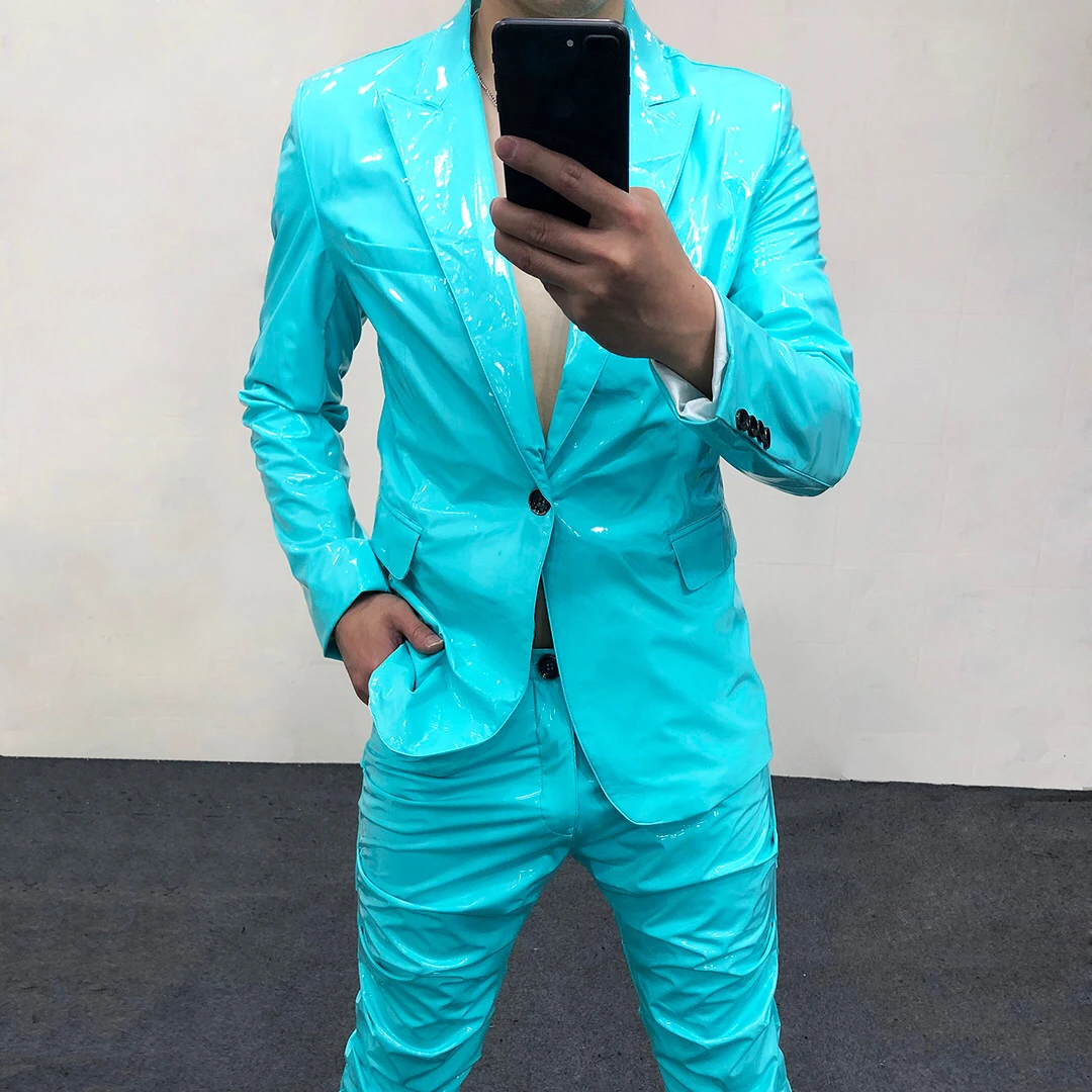 

Sky Blue Mirror Reflective Leather Jacket For Men's Handsome Slim Fit Suit Nightclub Bar Host Singer Stage Performance Uniform