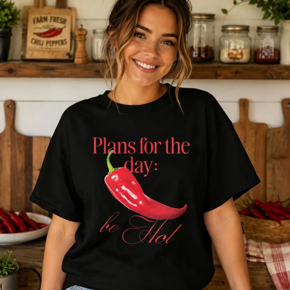Women Casual Crew Neck Short Sleeve T Shirt Plans for The Day Be Hot Red Chili Pepper Letter Print Loose Cotton Tee Streetwear