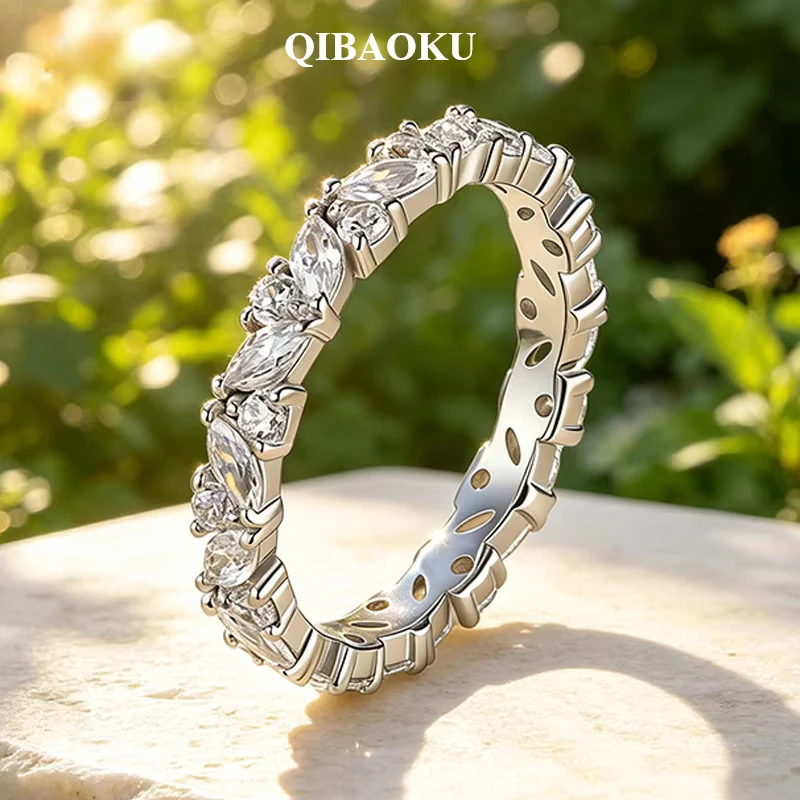 QIBAOKU Trendy Moissanite Full-eternity Wedding Rings for Women Sparking Matching S925 Sterling Silver Fine Jewelry Gifts 2026