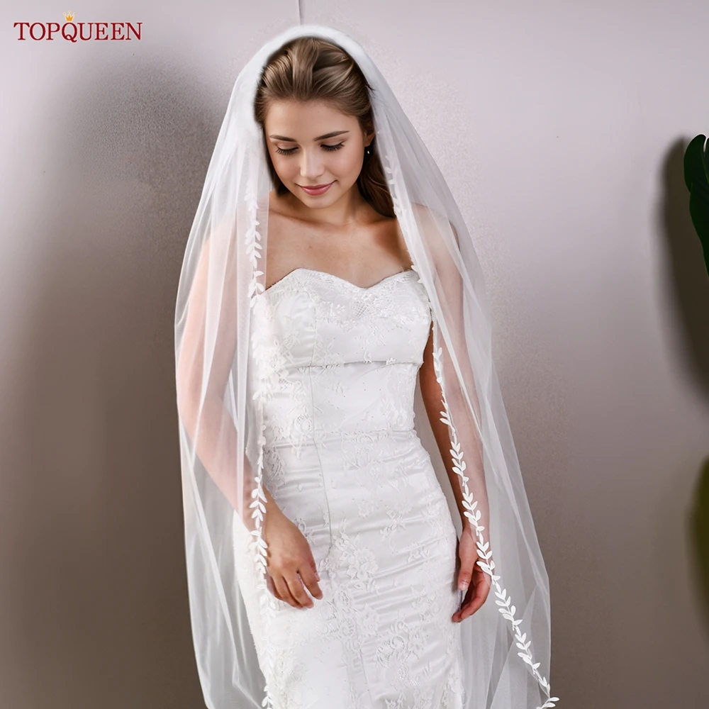 

TOPQUEEN V142 Wedding Veil Flower Veil Lace Covered Cathedral Bridal Veil Light Soft Veil White Off White Customizable
