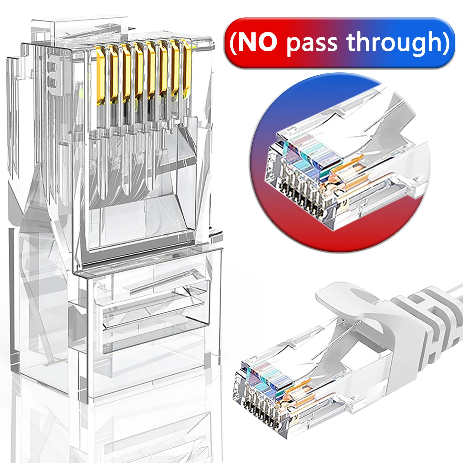 RJ45 CAT6 CAT5e Pass Through Connectors Crystal End Gold-Plated 8P8C Crimp UTP Standard Ethernet Network Modular Plug