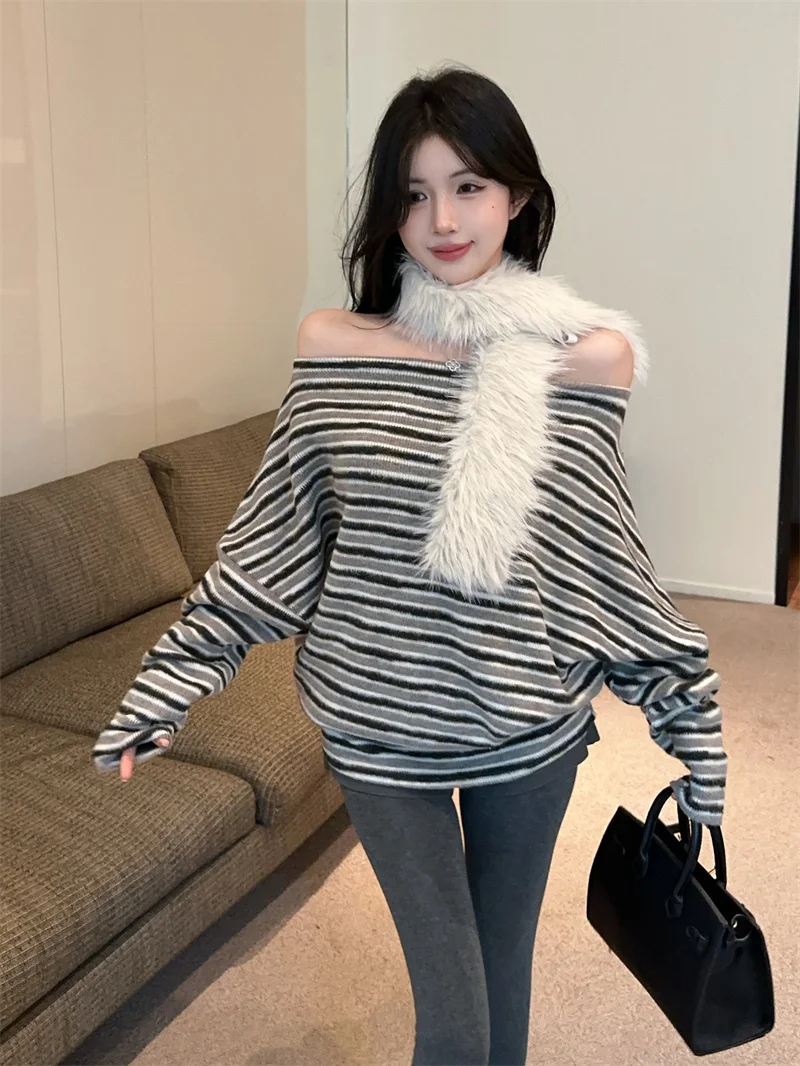 

Autumn Winter Soft Knitted Loose Long Sve Striped Color Blo Casual Sle Women's Top French Sle Polyester Fiber