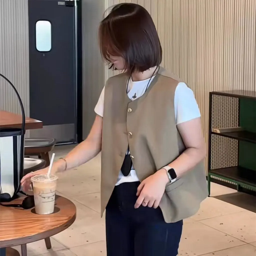 

Elegant Style Small Gold Button Suit Vest Women's Sleeveless Waistband Stacked Jacket Trendy Early Autumn New